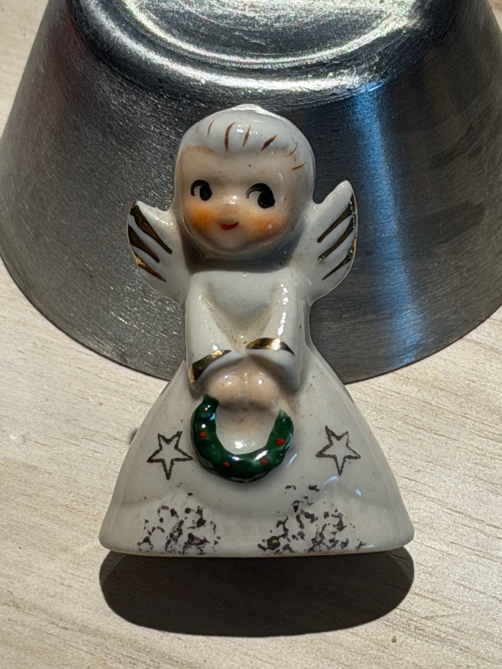 Vintage Antique Holt Howard Japan Ceramic Mini Angel Ornament w Wreath